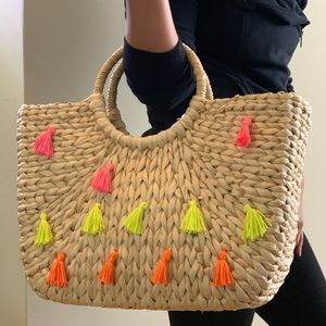 Saks Fifth Avenue Round Handle Tassel Straw Tote